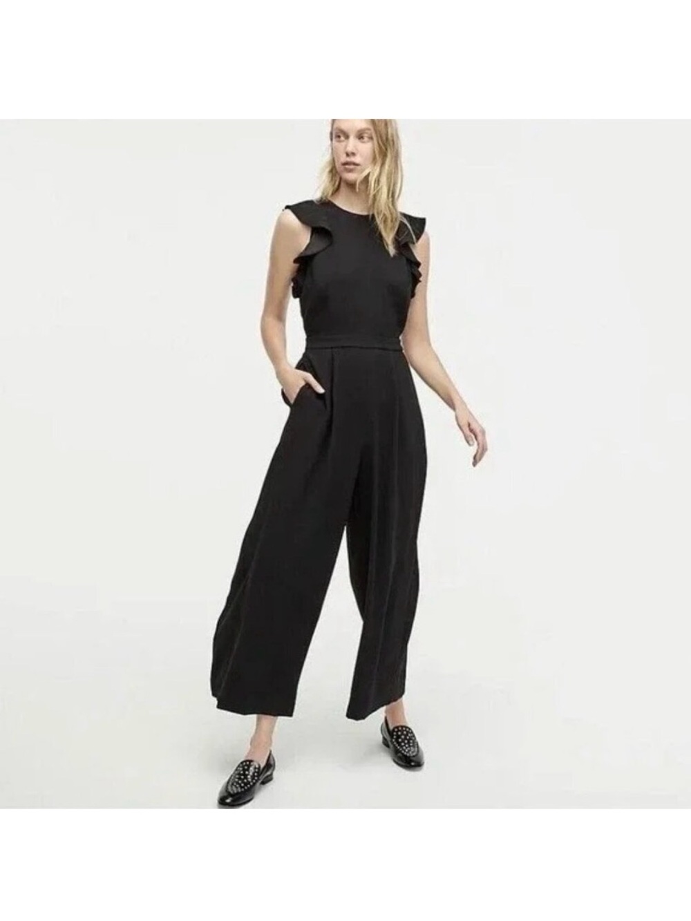 J.Crew Black Ruffle-Sleeve Wide-Leg Jumpsuit